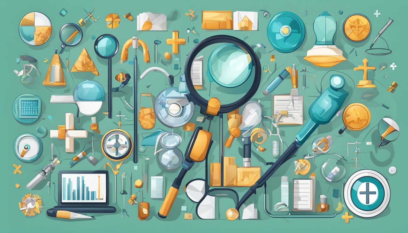 A medical cross surrounded by various symbols representing different diseases and illnesses, with a magnifying glass hovering over them