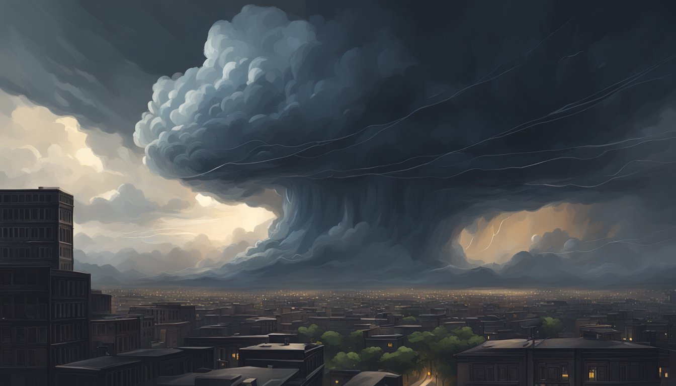 A dark storm cloud looms over a deserted city, casting a sense of foreboding and uncertainty