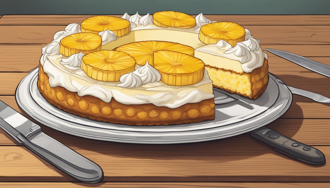 A pineapple upside down cake sits on a wooden table, surrounded by a bowl of whipped cream and a knife ready to be sliced