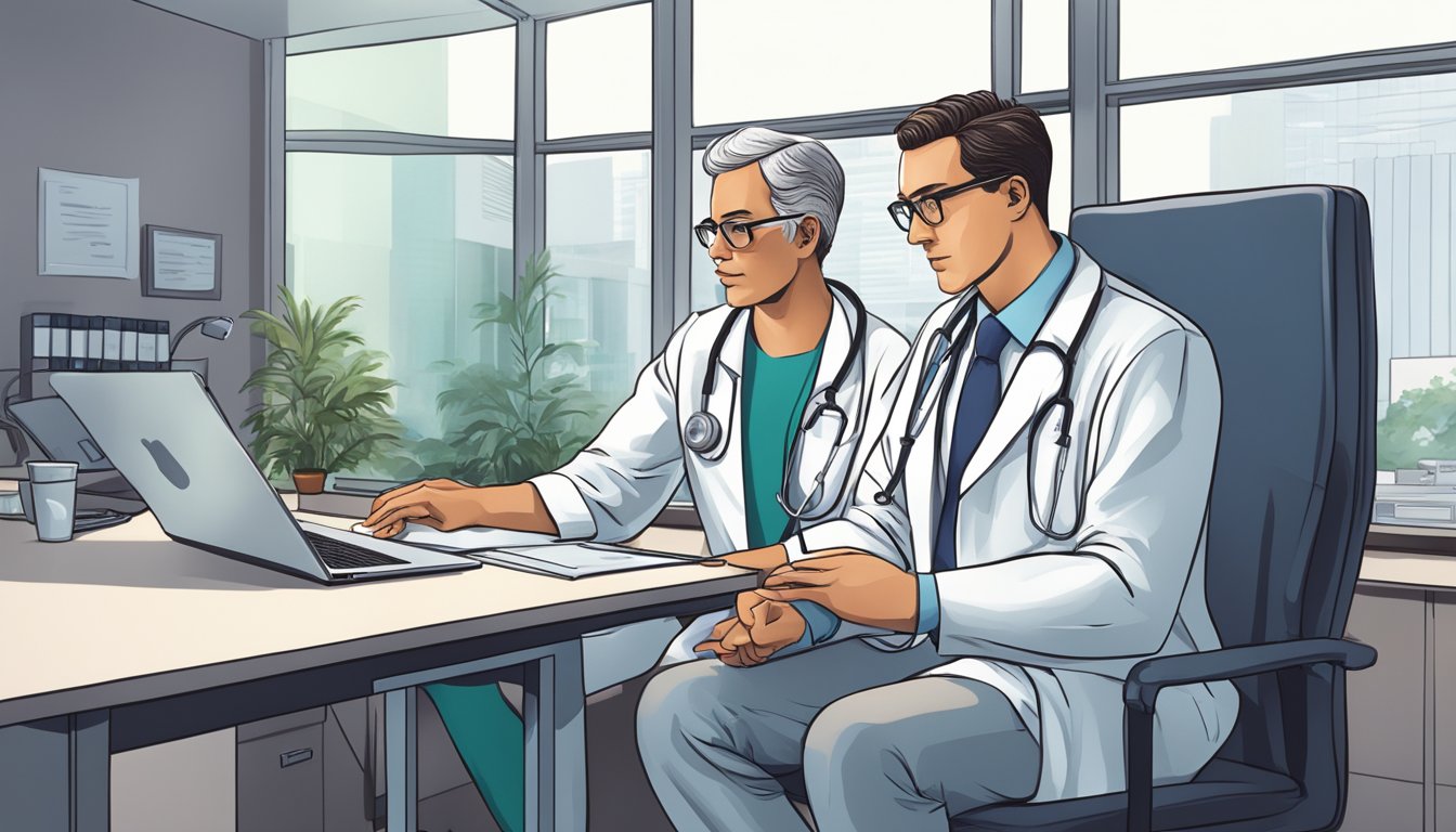 A doctor and patient discussing a specific dread disease policy in a modern office setting