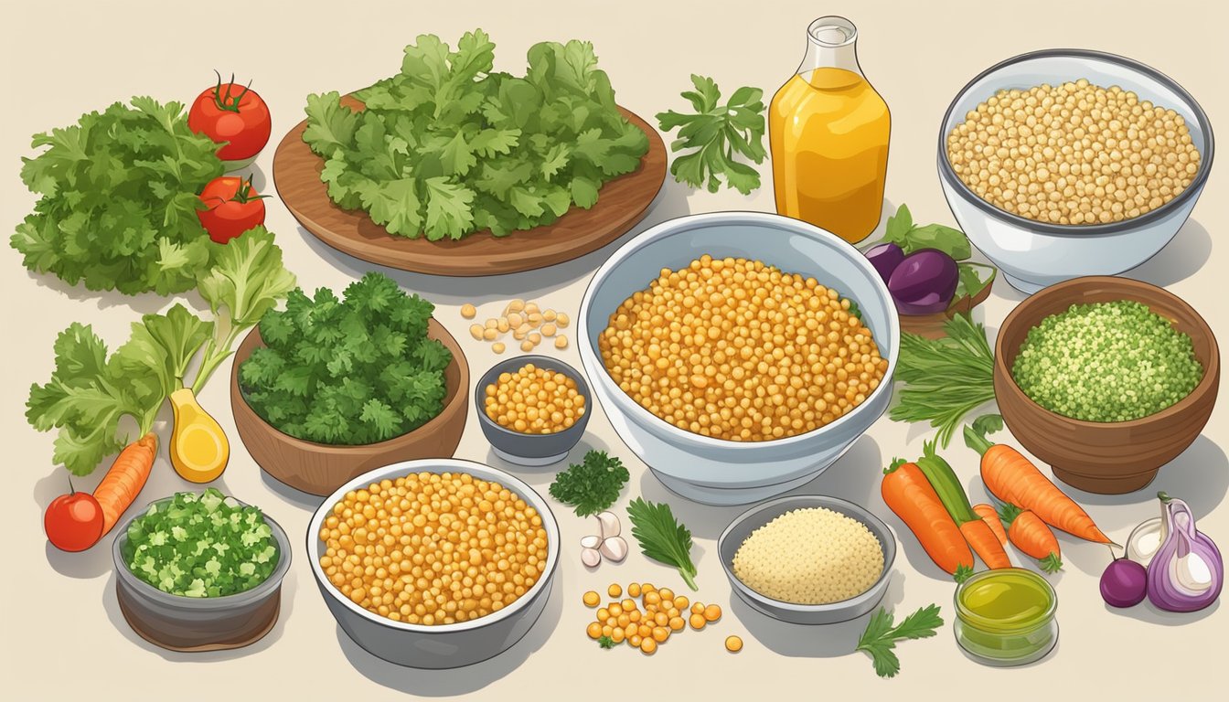 A bowl of Israeli couscous salad surrounded by various additional ingredients and variations, such as fresh vegetables, herbs, and dressings, ready to be mixed together