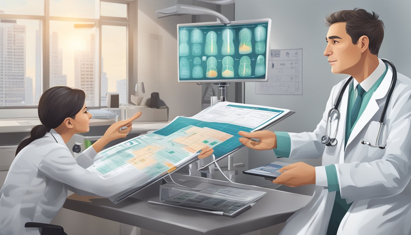 A doctor explaining coverage to a patient, using diagrams and medical equipment as visual aids