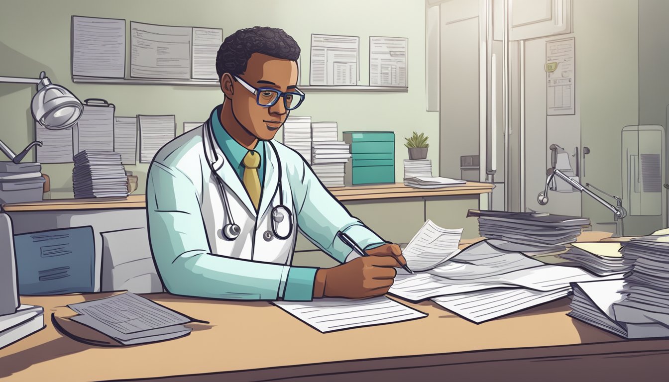 A doctor reviewing medical records and filling out paperwork for a dread disease policy claim