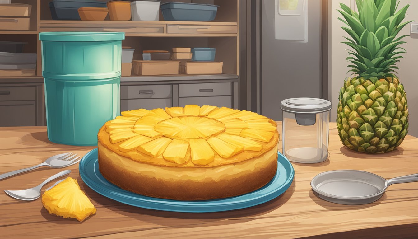 A pineapple upside down cake sits on a wooden table next to a container of leftovers. A pantry with various storage containers is in the background