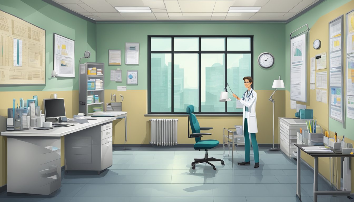 A doctor's office with medical equipment and charts on the wall, a desk with paperwork, and a brochure about dread disease policies