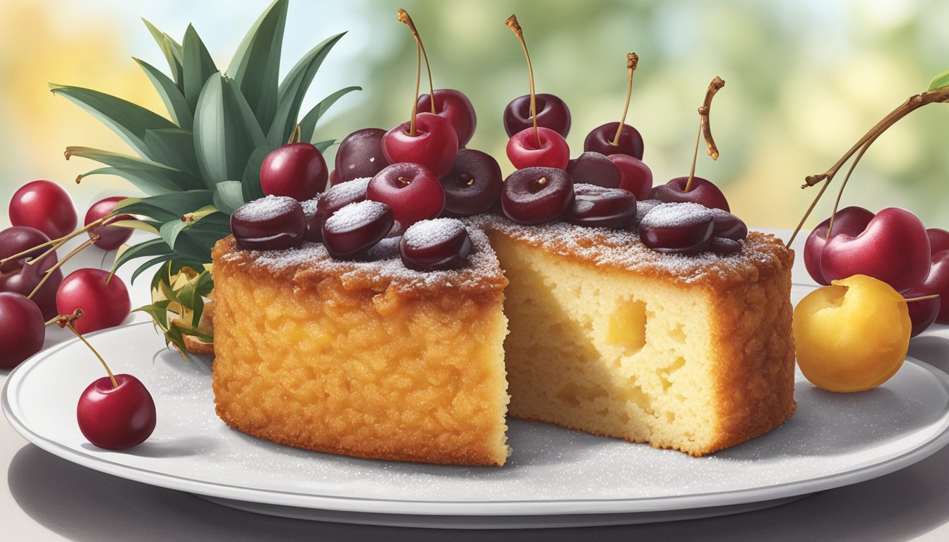 A pineapple upside down cake sits on a white plate, with caramelized pineapple rings and cherries on top, surrounded by a dusting of powdered sugar