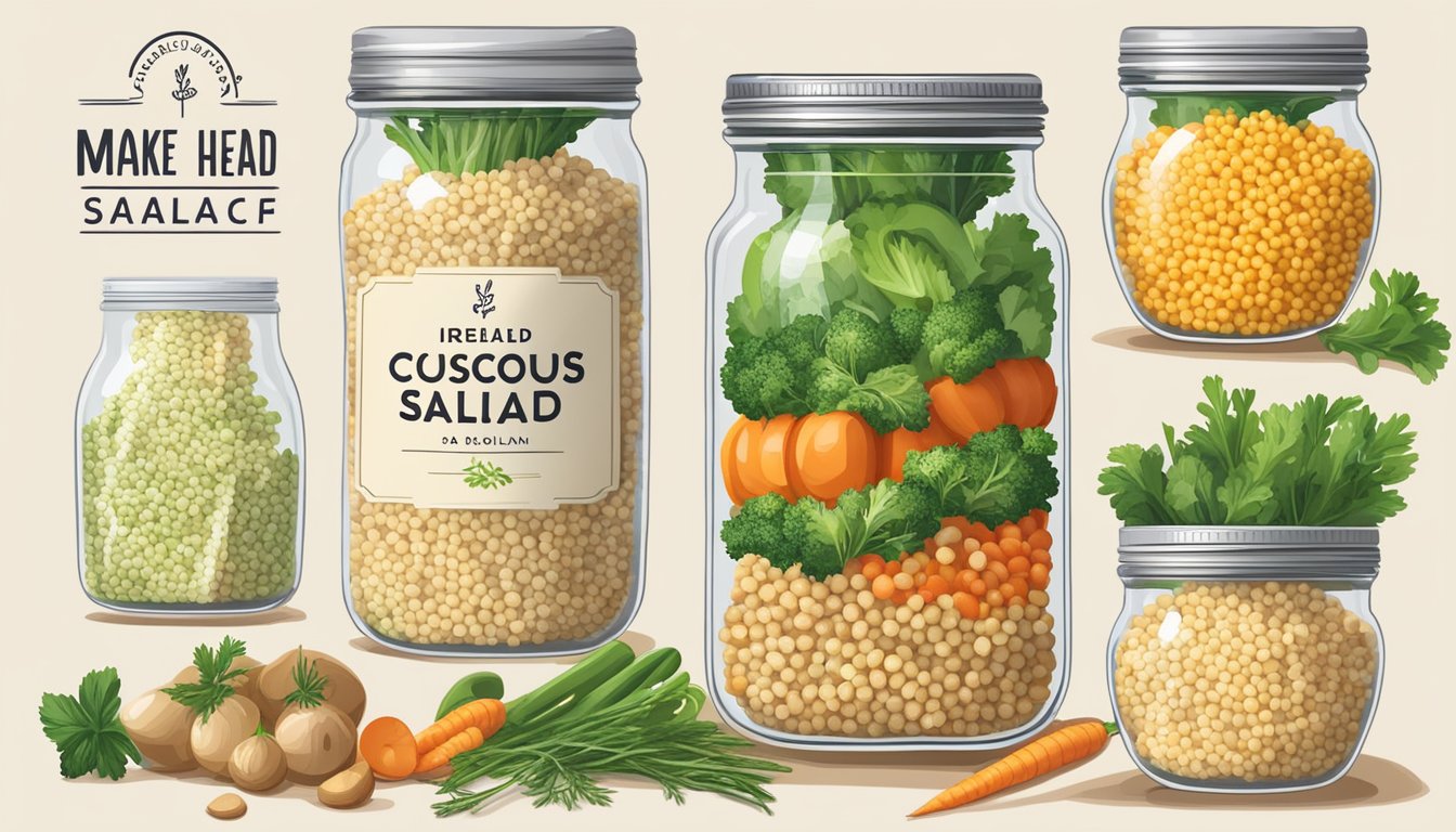 A glass jar filled with Israeli couscous salad, surrounded by fresh vegetables and herbs. A label with "Make Ahead Tips" is visible