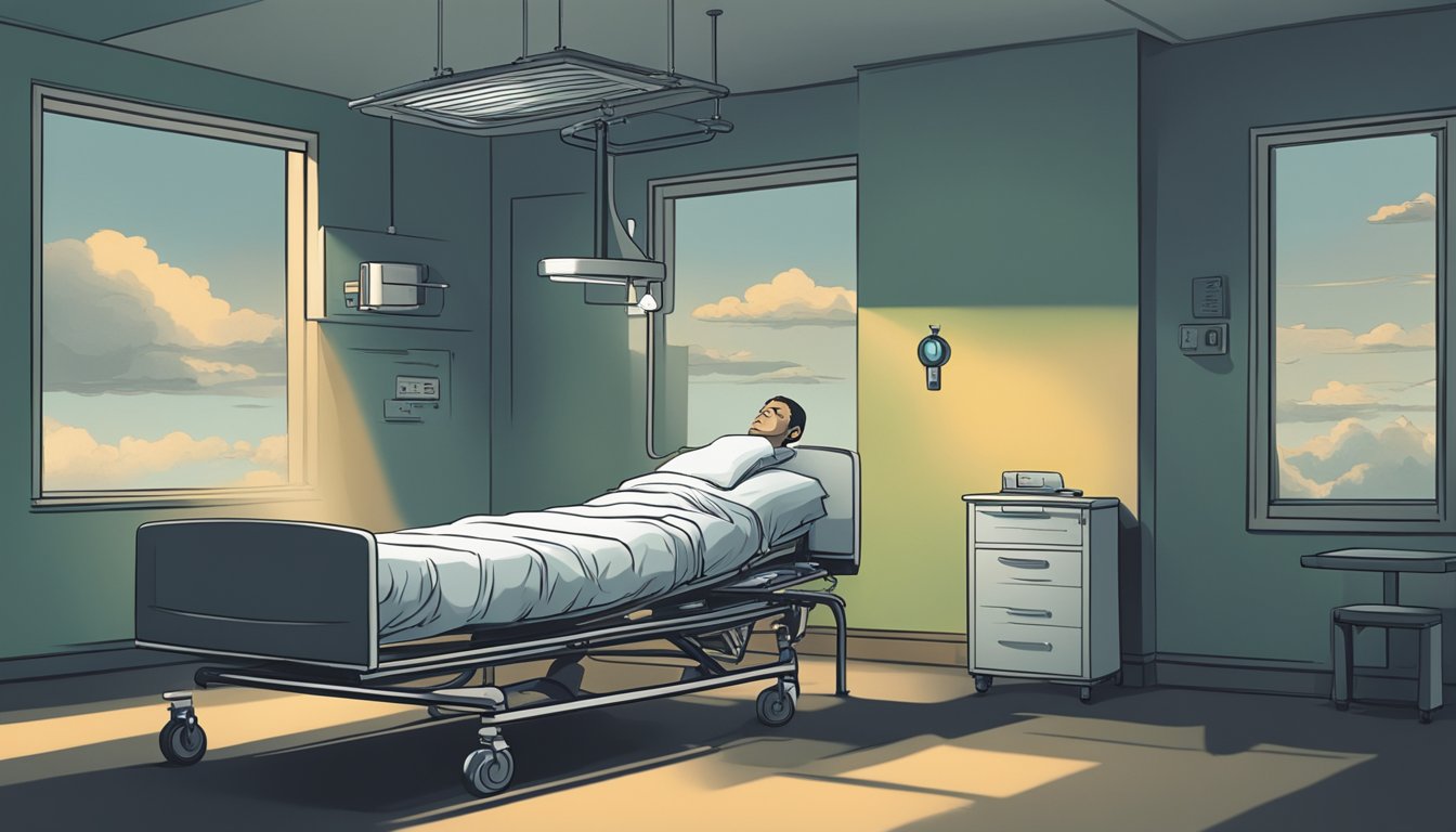 A dark cloud looms over a hospital bed, with a shadowy figure standing beside it, representing the weight of living with a dread disease policy