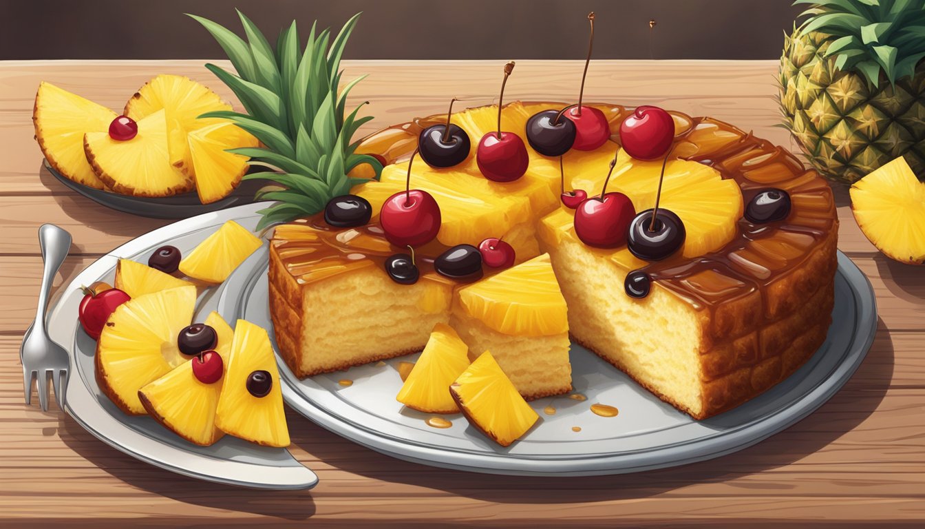 A pineapple upside down cake sits on a wooden table, topped with caramelized pineapple slices and cherries. A fork cuts into a slice, ready to be enjoyed