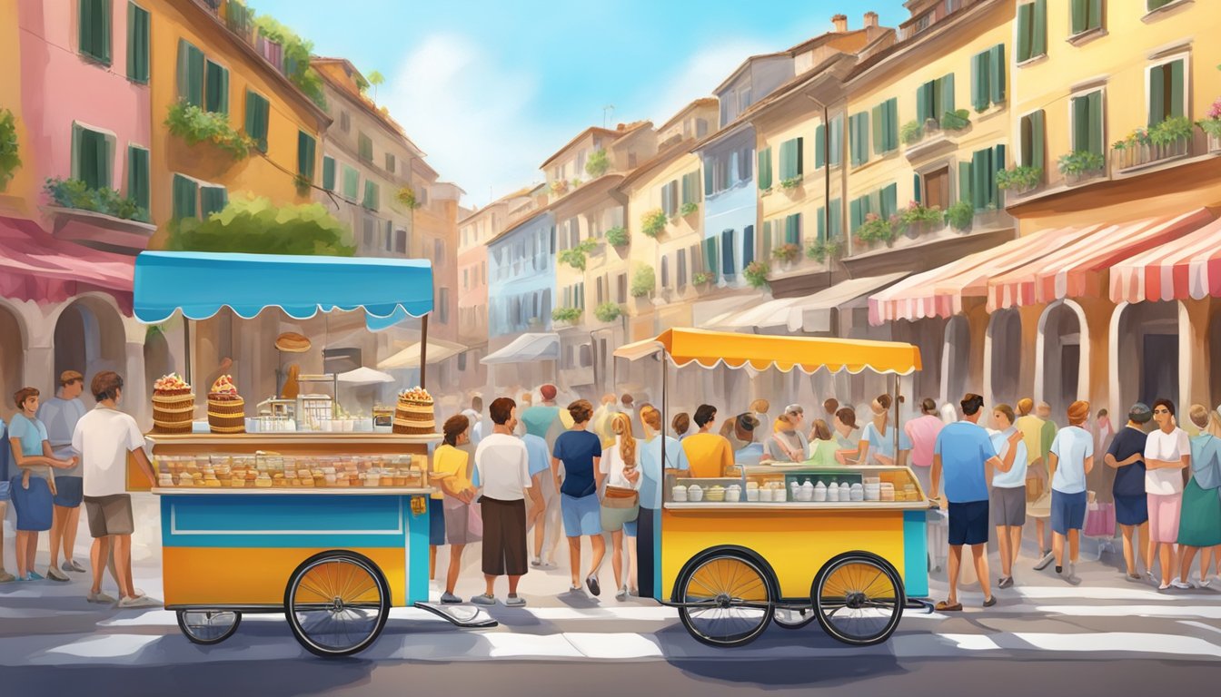 A colorful gelato cart sits on a bustling Italian street, surrounded by locals and tourists enjoying the sweet treat in waffle cones and cups