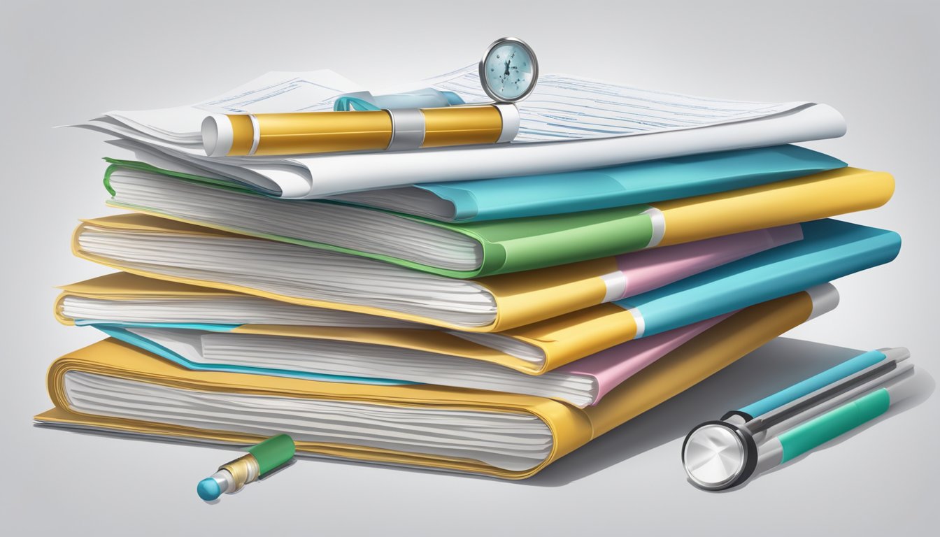 A stack of policy documents with disease illustrations and medical symbols