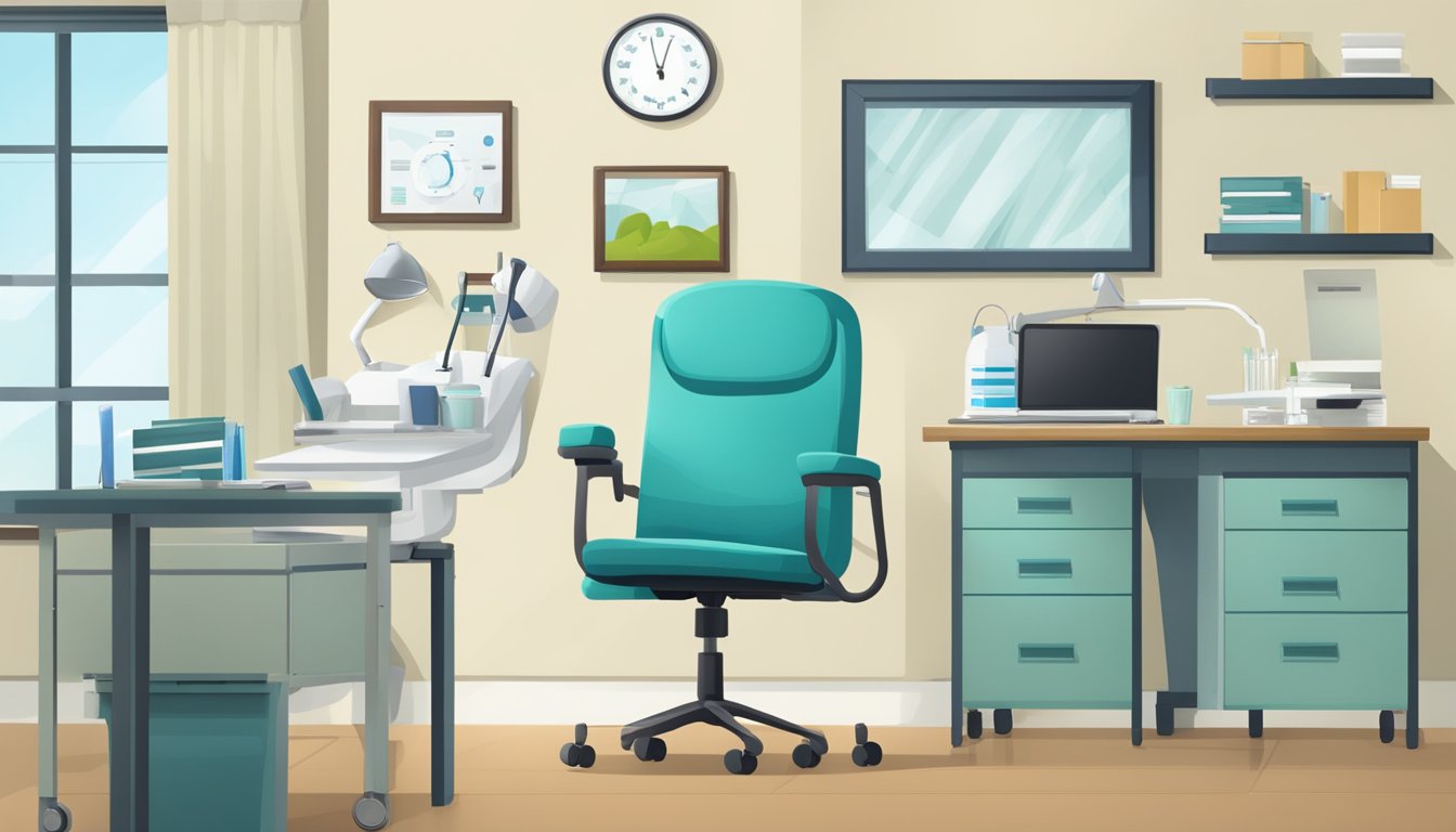 A doctor's office with a desk and chair, medical equipment, and a file cabinet. A window allows natural light to filter in