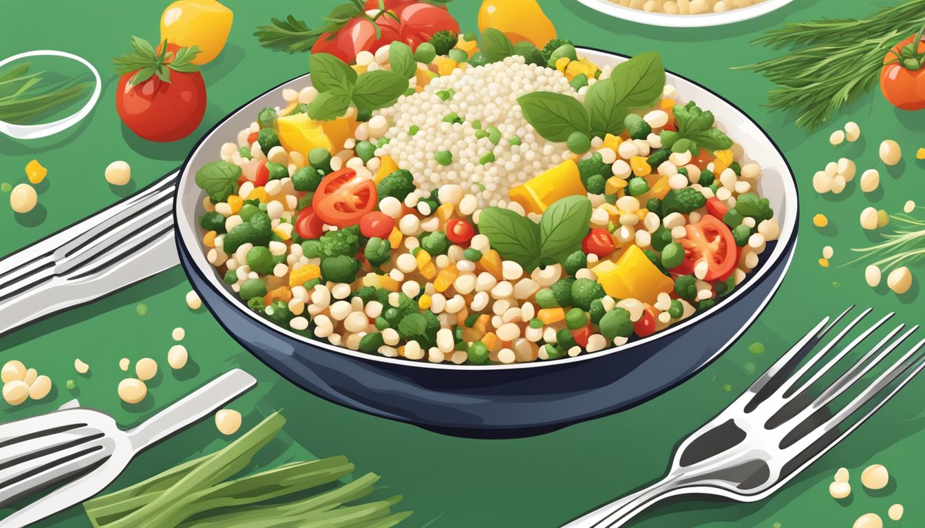 A fork twirls through a vibrant Israeli couscous salad, mixing the colorful ingredients together in a bowl