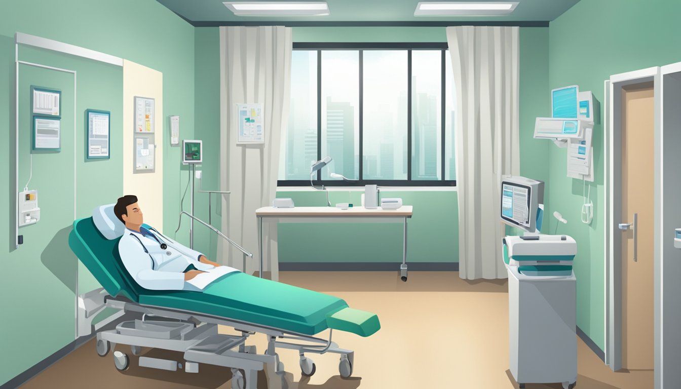 A hospital room with medical equipment and charts on the wall. A doctor and patient discussing a diagnosis