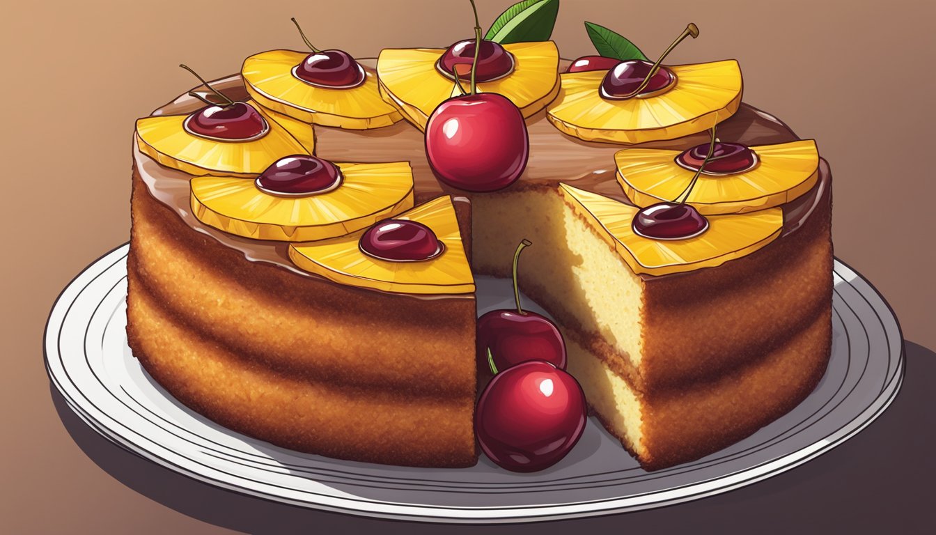 A pineapple upside down cake sits on a plate, with caramelized pineapple slices and cherries on top, ready to be sliced and enjoyed