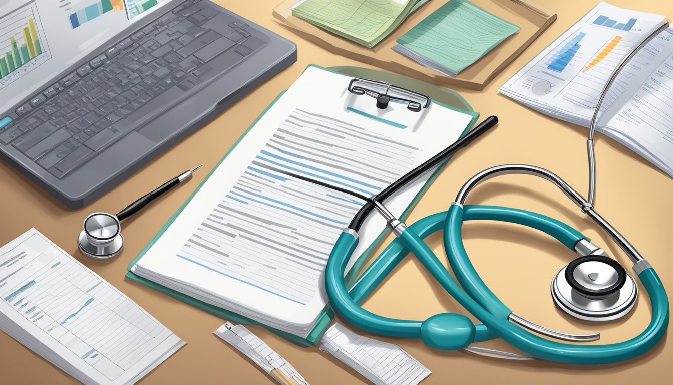 A doctor's office desk with a stethoscope, medical charts, and a pamphlet on dread disease policies