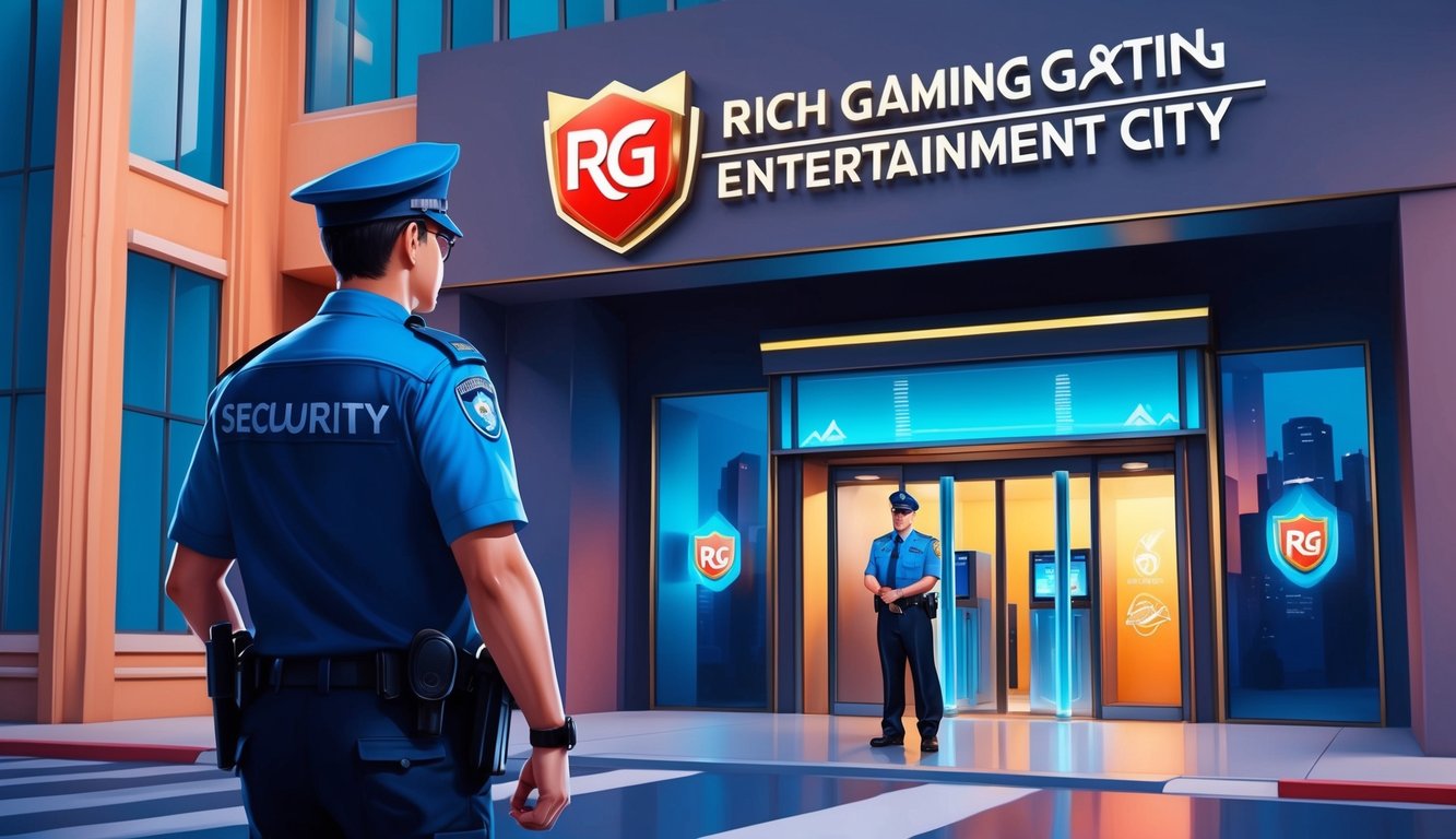 一名保安監視著RG Rich Gaming Entertainment City的入口，密切留意任何詐騙活動的跡象