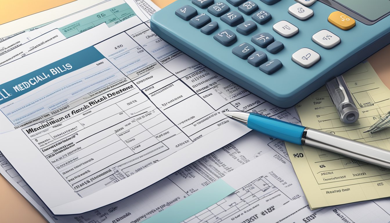 A stack of medical bills next to a dread disease policy document, with a calculator and financial statements scattered around