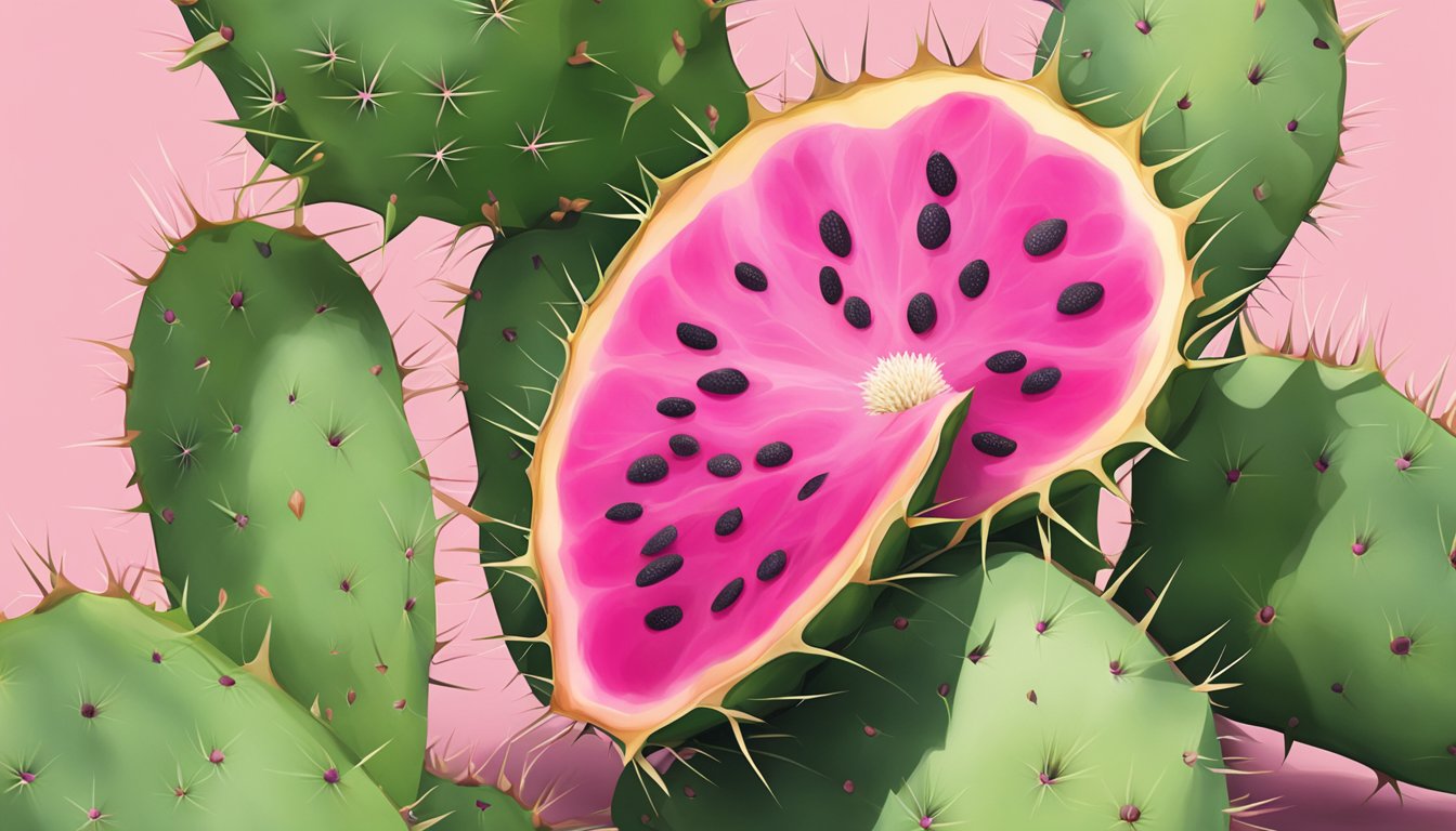 A prickly pear sliced open, revealing its vibrant pink flesh and numerous edible seeds