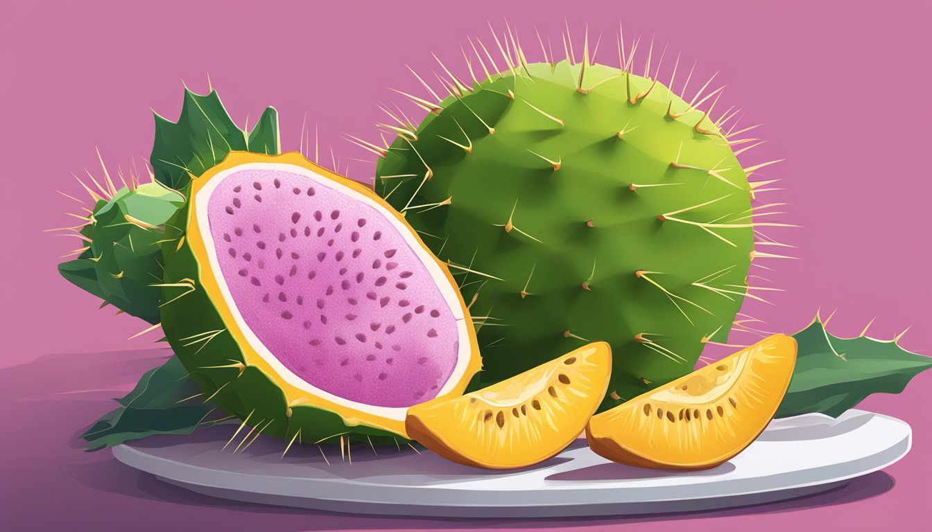 A prickly pear fruit being sliced and peeled, revealing the vibrant, juicy flesh inside