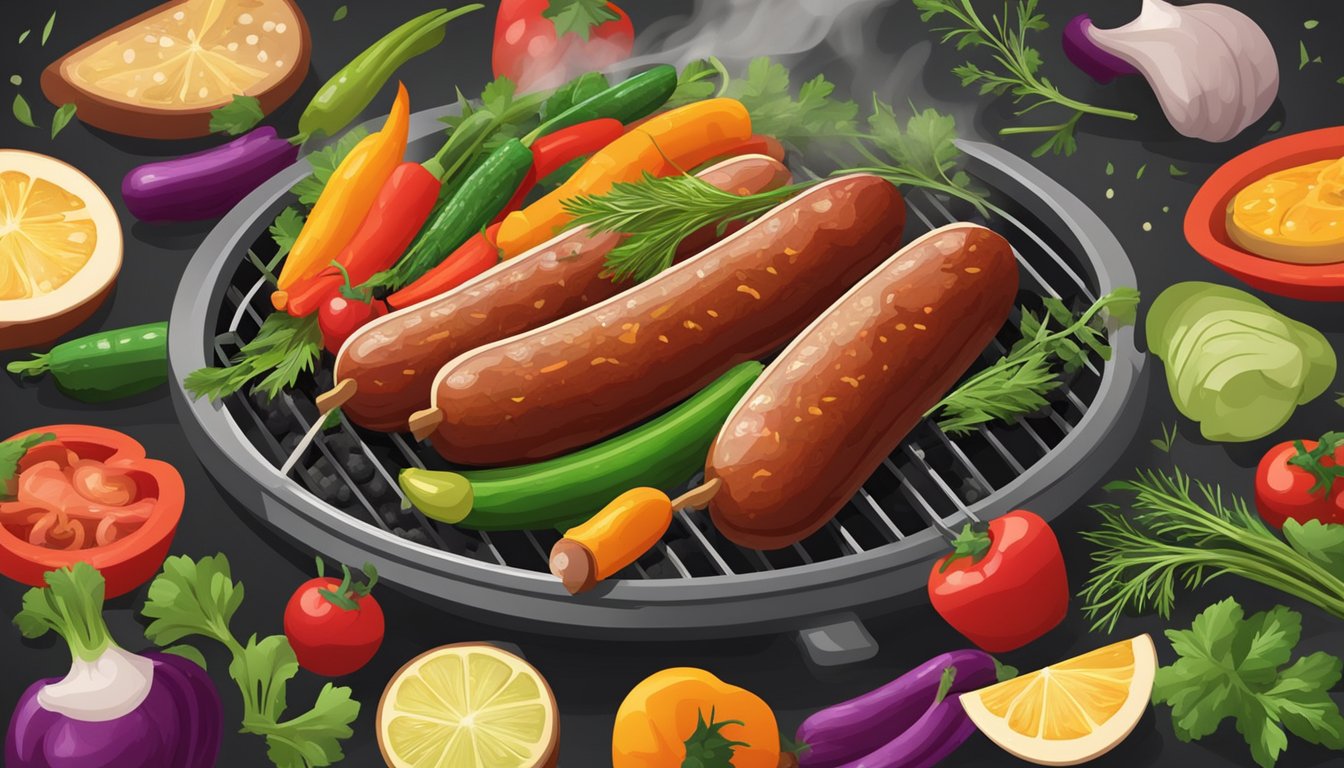 An Italian sausage sizzling on a hot grill, surrounded by colorful vegetables and herbs, with wisps of steam rising into the air