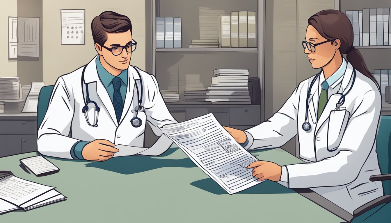 A doctor reviewing medical records and discussing coverage with a patient