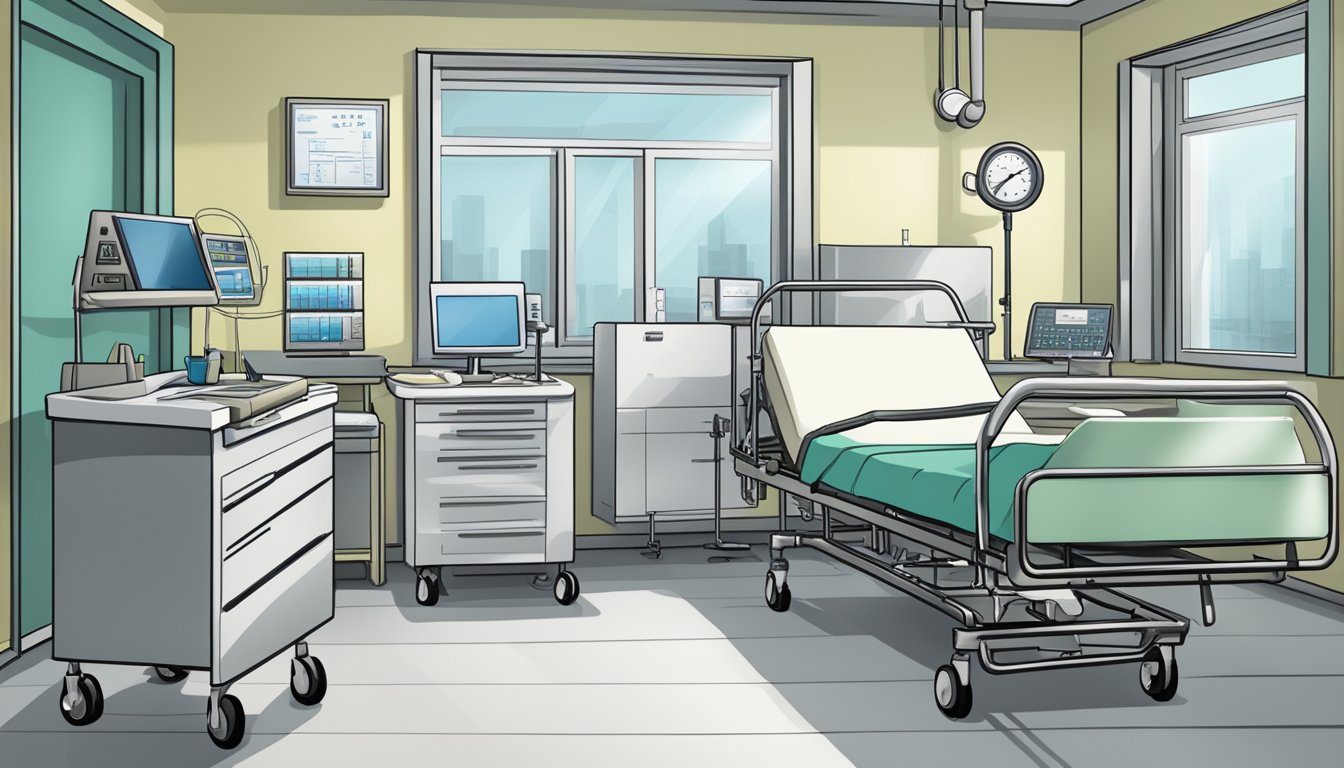 A hospital room with a bed, medical equipment, and a folder labeled "Critical Illnesses Covered."