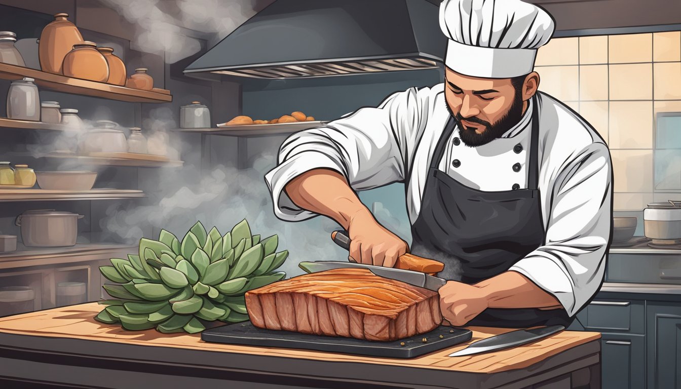 A chef slicing into a succulent pork belly with a sharp knife, steam rising from the juicy, crispy skin. A tantalizing aroma fills the air