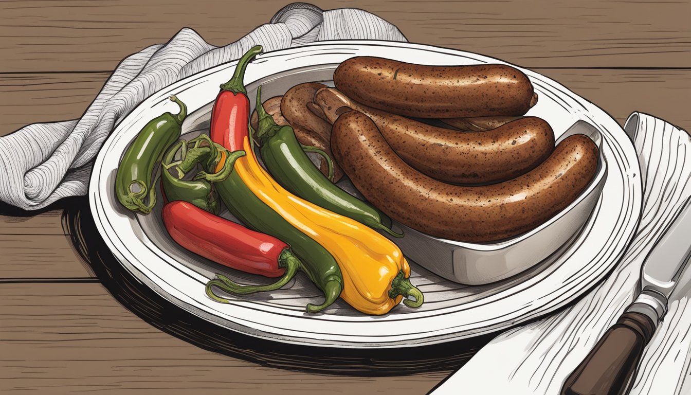 An Italian sausage sits on a plate surrounded by grilled peppers and onions. A dollop of mustard sits beside it