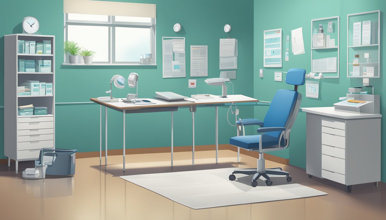 A hospital room with a doctor discussing policy terms and conditions with a patient. Medical equipment and paperwork are scattered on a table