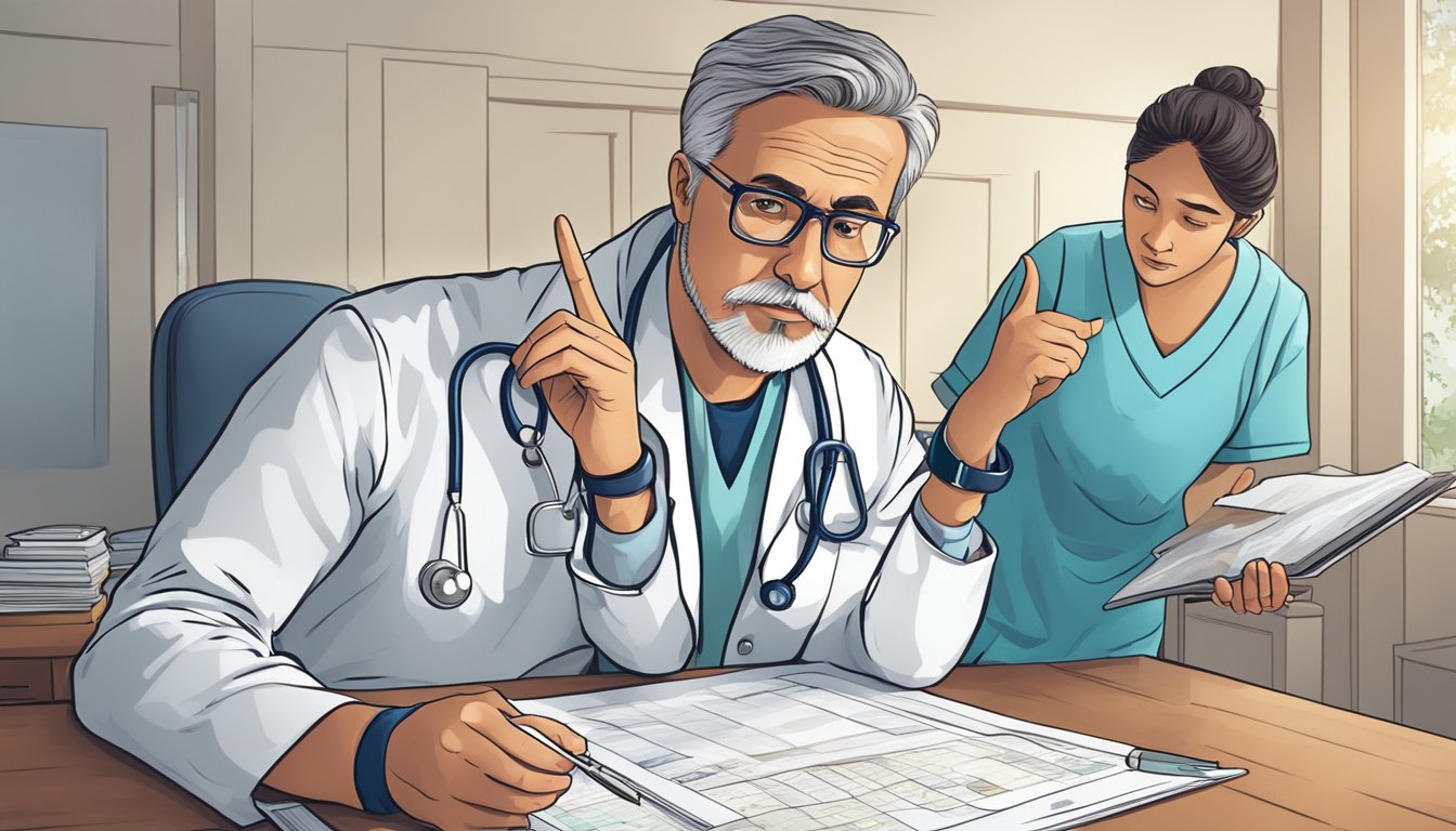 A doctor pointing to a chart of diseases, while a worried patient listens