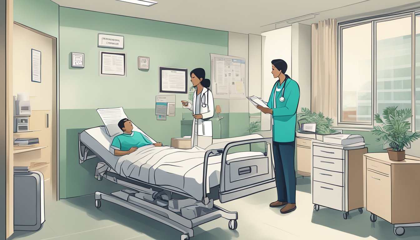 A hospital room with a doctor explaining coverage to a patient. A pamphlet and policy documents are spread out on a table