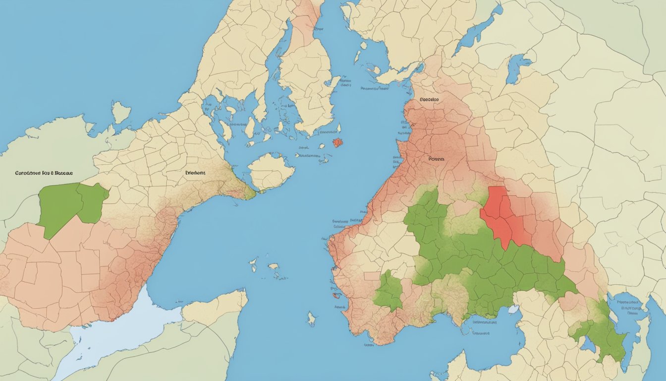 A map of a region with red zones indicating areas affected by the dread disease policy