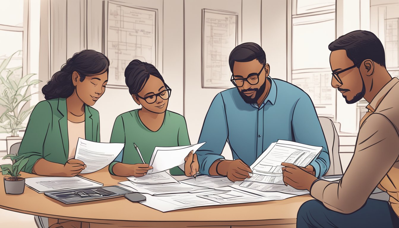 A family sitting around a table, reviewing paperwork with a financial advisor. Graphs and charts are spread out, and the advisor is pointing to a brochure about a dread disease policy