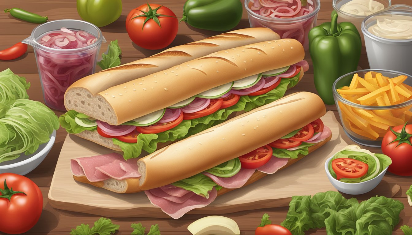 A table with a freshly made Italian hoagie, surrounded by ingredients like salami, ham, provolone, lettuce, tomatoes, onions, and peppers