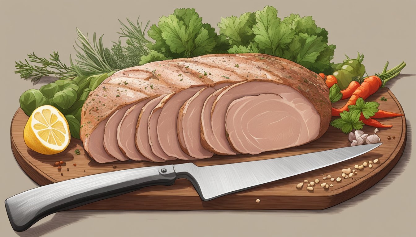 A pork loin on a cutting board surrounded by various herbs and spices, with a sharp knife nearby