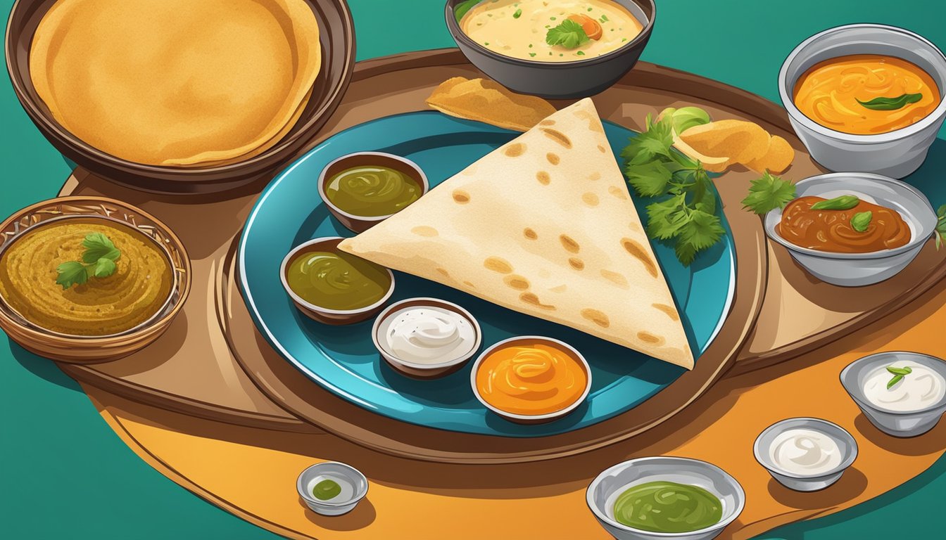 A person dips a piece of dosa into a variety of traditional accompaniments like chutney and sambar on a colorful plate