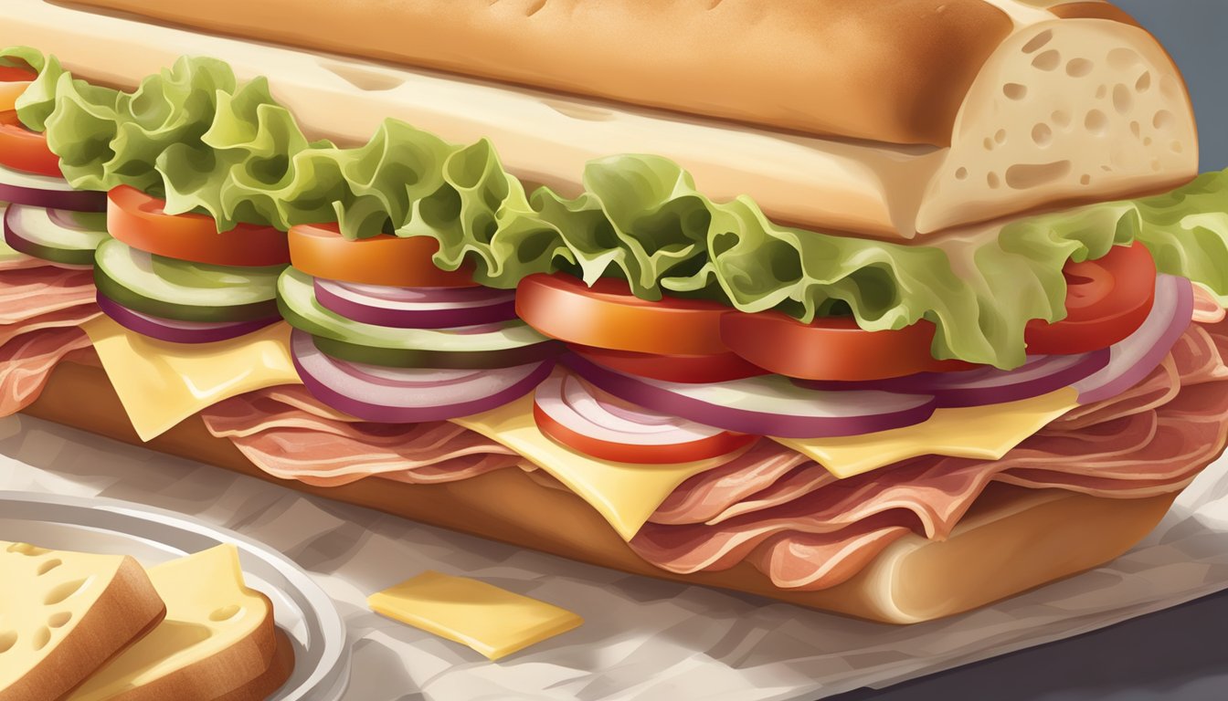 A hoagie sandwich is being assembled with layers of Italian meats, cheese, lettuce, tomatoes, and onions, all nestled in a soft, freshly baked roll