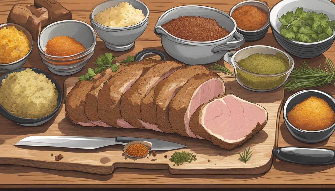 A pork loin sits on a cutting board, surrounded by bowls of marinades and seasonings. A chef's knife is poised to slice into the meat