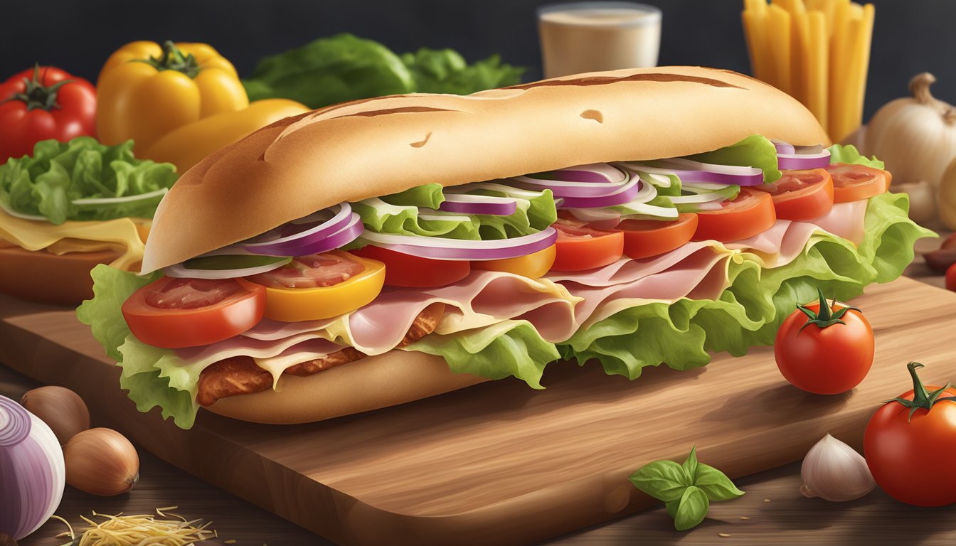 A freshly made Italian hoagie sits on a wooden cutting board, surrounded by colorful ingredients like sliced meats, cheese, lettuce, tomatoes, onions, and peppers