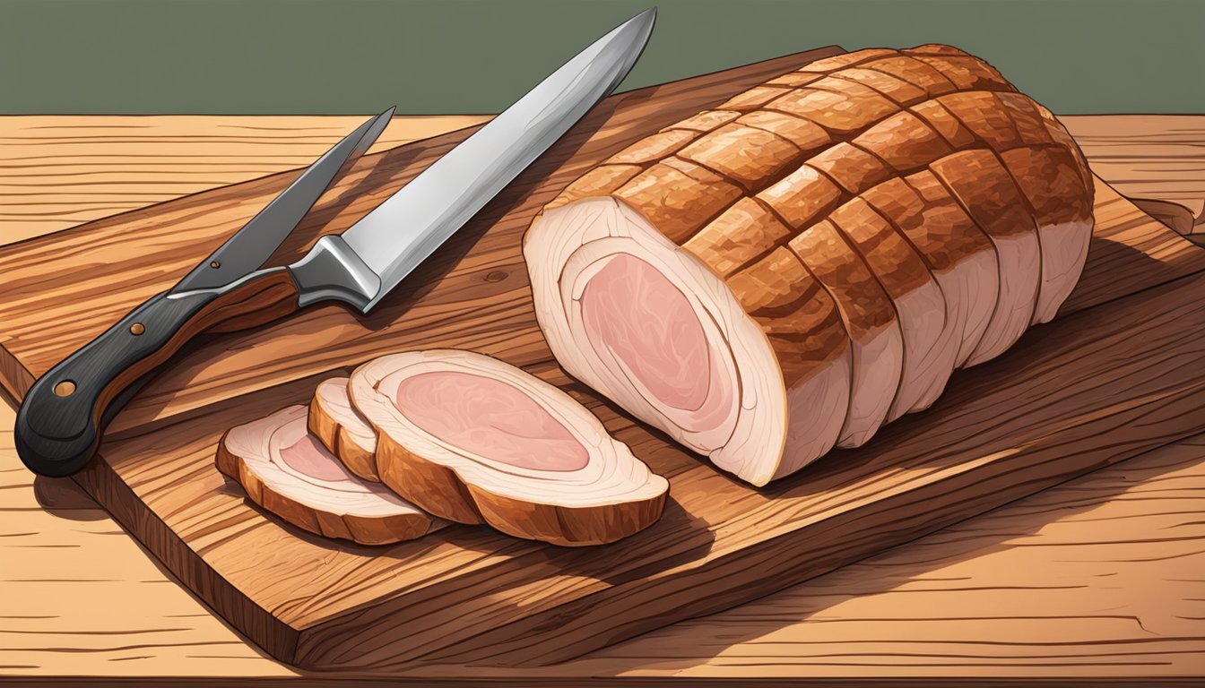 A perfectly cooked pork loin sliced on a wooden cutting board with a sharp knife beside it