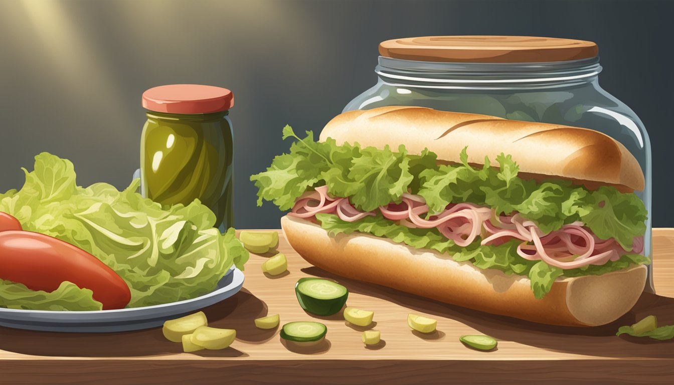 A freshly made Italian hoagie sits on a wooden cutting board next to a jar of pickles. Crumbs and a few scattered lettuce leaves are evidence of a recent meal