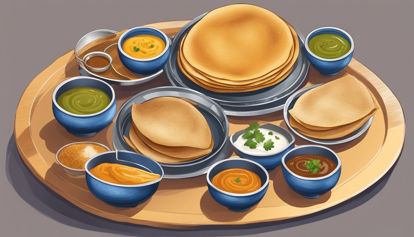 A dosa is served on a traditional metal plate, accompanied by small bowls of chutney and sambar. The dosa is folded or rolled and eaten with the hands