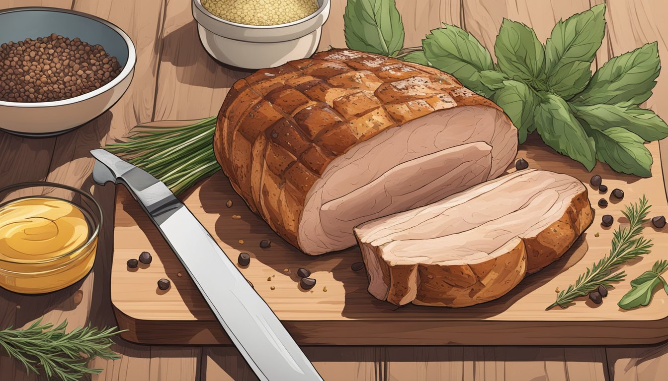 A roasted pork loin sits on a wooden cutting board, surrounded by herbs and spices. A pair of tongs and a sharp knife are nearby, ready for use