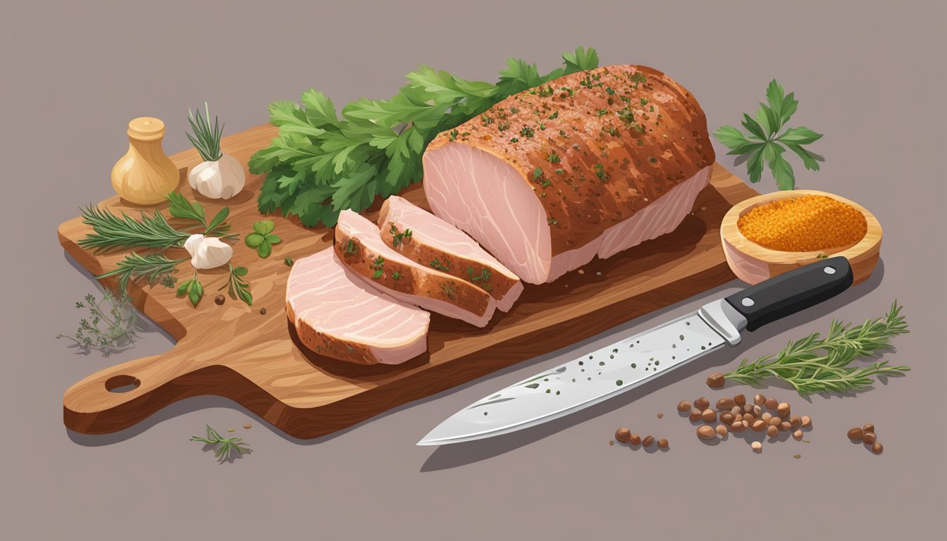 A pork loin on a cutting board with various seasonings and herbs scattered around, a sharp knife slicing through the meat