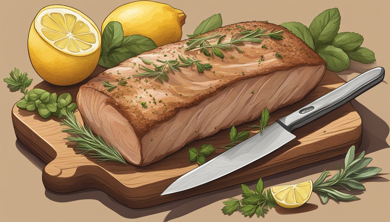 A roasted pork loin sits on a wooden cutting board, surrounded by fresh herbs and sliced lemons. A sharp knife and fork are positioned nearby