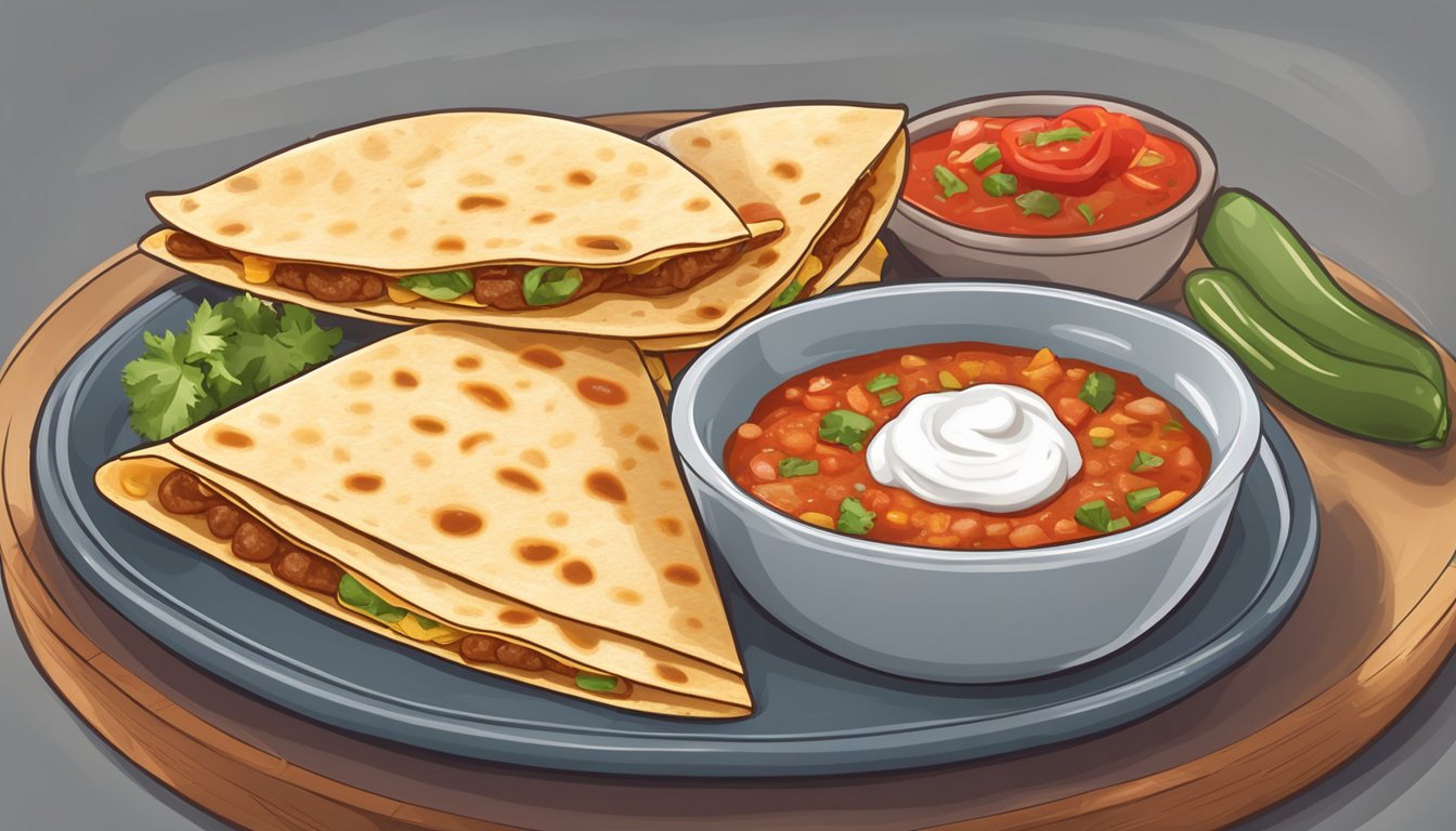 A quesadilla being folded and cut on a plate with salsa and sour cream on the side