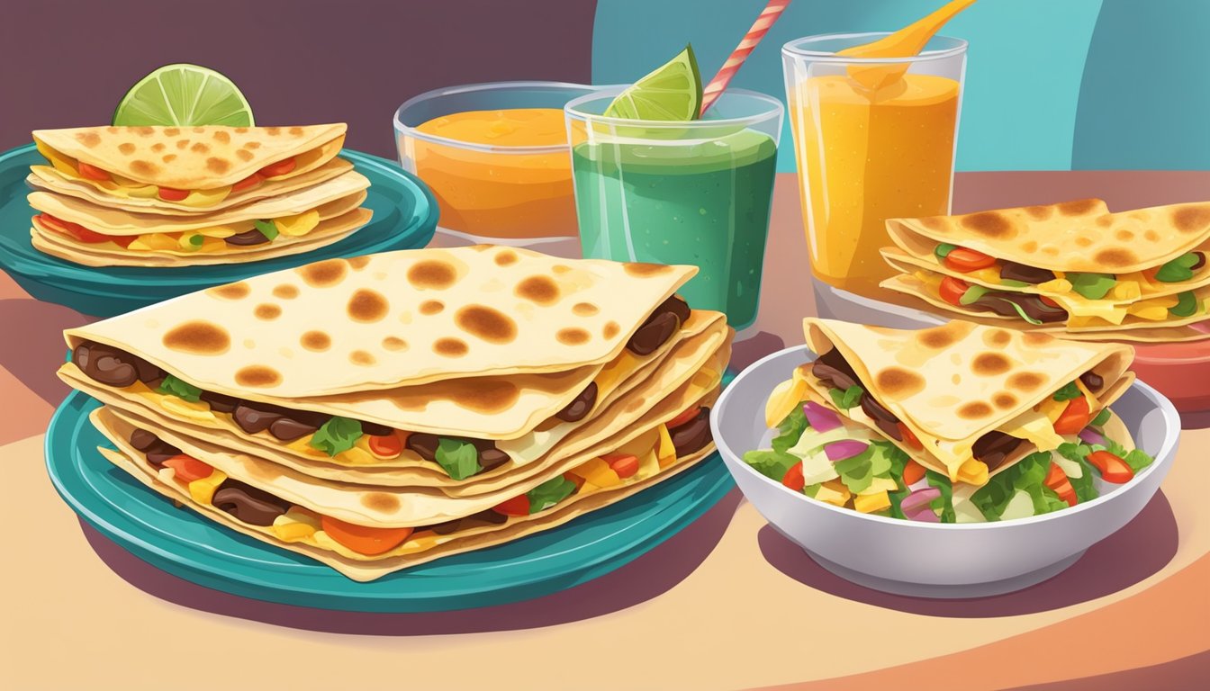 A variety of quesadillas arranged on a colorful plate, with melted cheese oozing out and various fillings peeking through the crispy tortillas