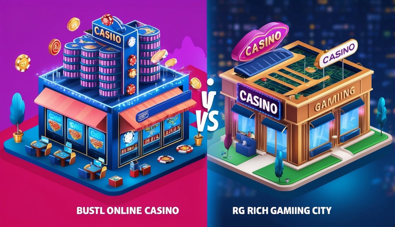 一個繁忙的線上賭場與一個合法的遊戲機構形成對比，突顯RG Rich Gaming City的欺騙行為