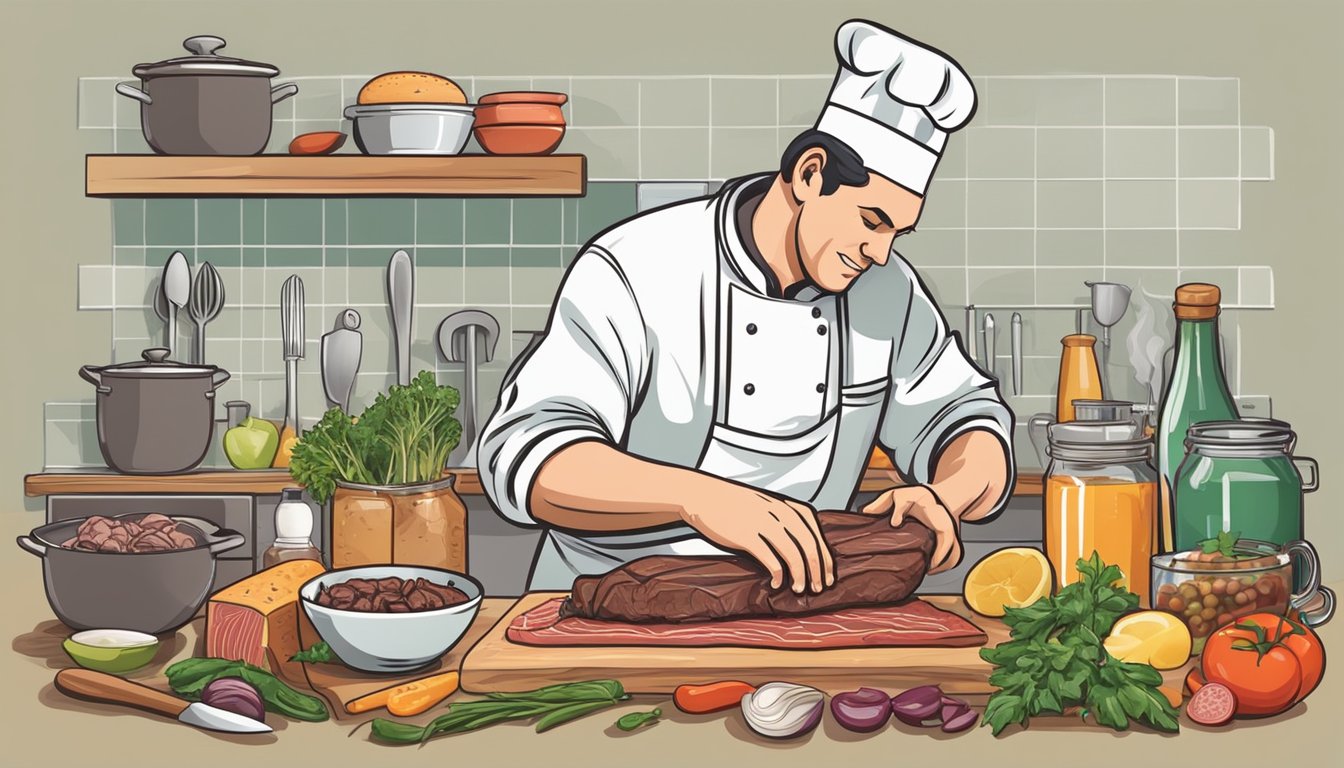 A chef slicing beef for an Italian beef sandwich, surrounded by various ingredients and utensils on a clean, organized kitchen counter